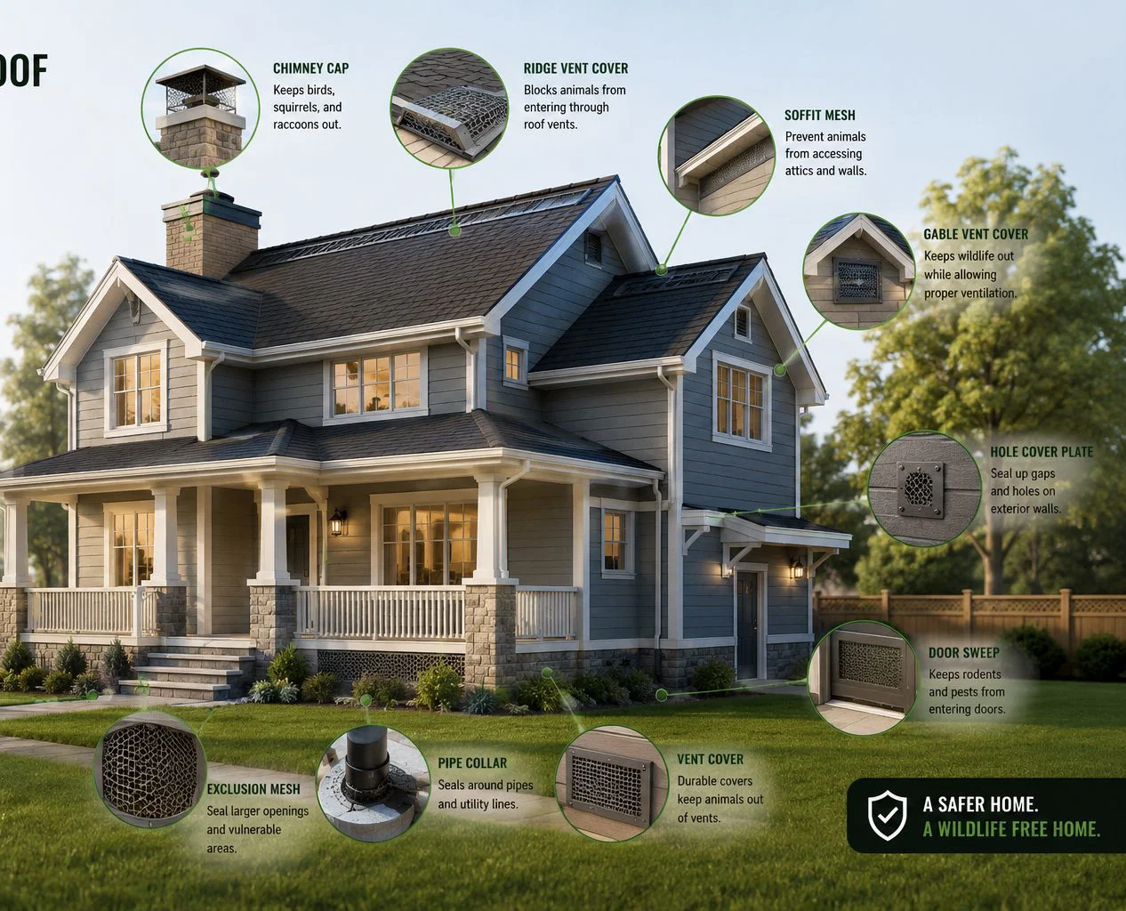 Overview: a two-storey home showing where all wildlife exclusion products are installed