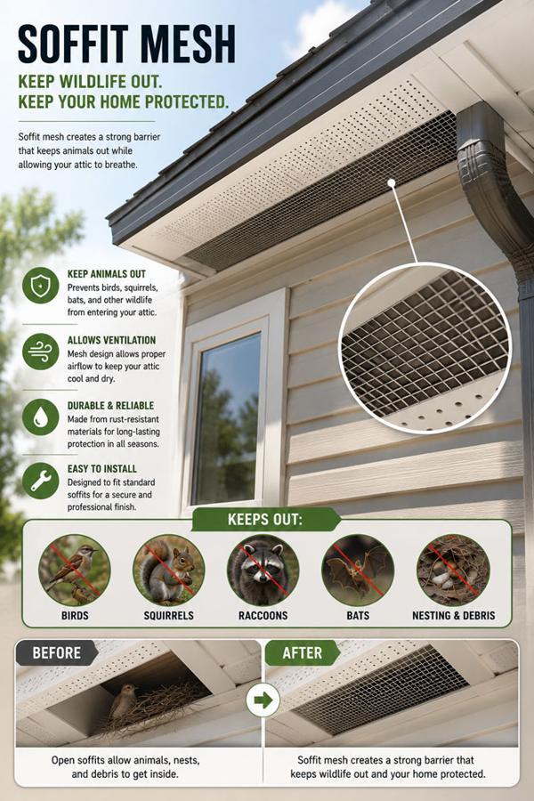 Soffit mesh infographic: keeps birds, squirrels, raccoons, and bats out of the attic