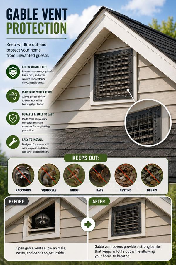 Gable vent protection infographic: keeps wildlife out while maintaining attic ventilation
