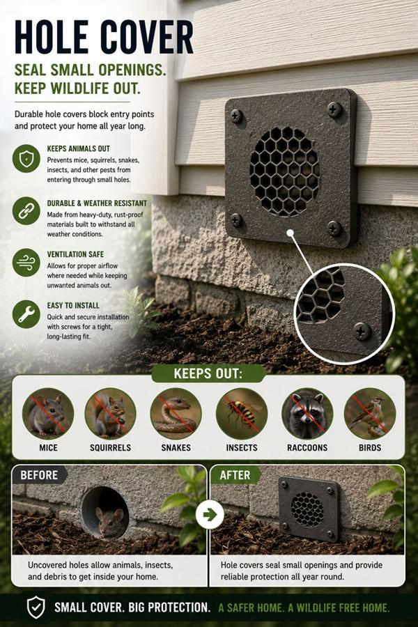 Hole cover infographic: seals small openings against mice, squirrels, snakes, and insects