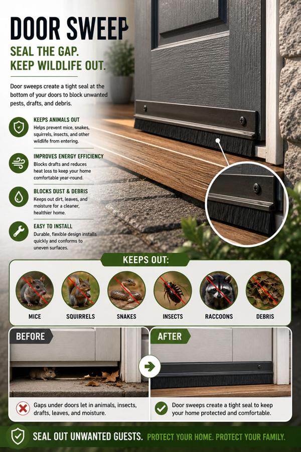 Door sweep infographic: seals the gap under doors against mice, snakes, insects, and drafts