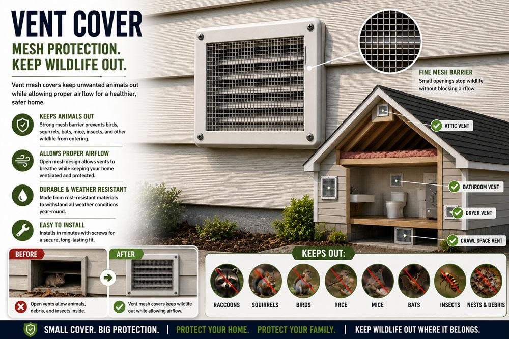 Vent cover infographic: mesh protection for attic, bathroom, dryer, and crawl space vents