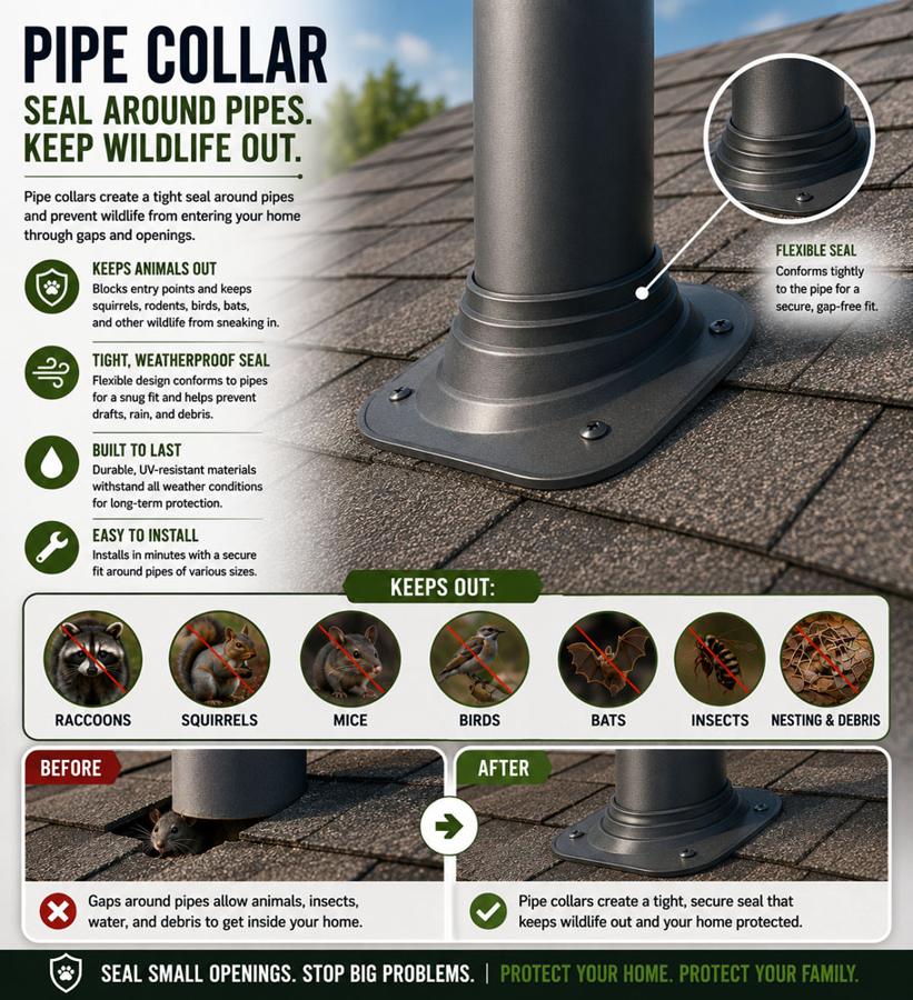 Pipe collar infographic: seals around pipes and utility lines to keep wildlife out