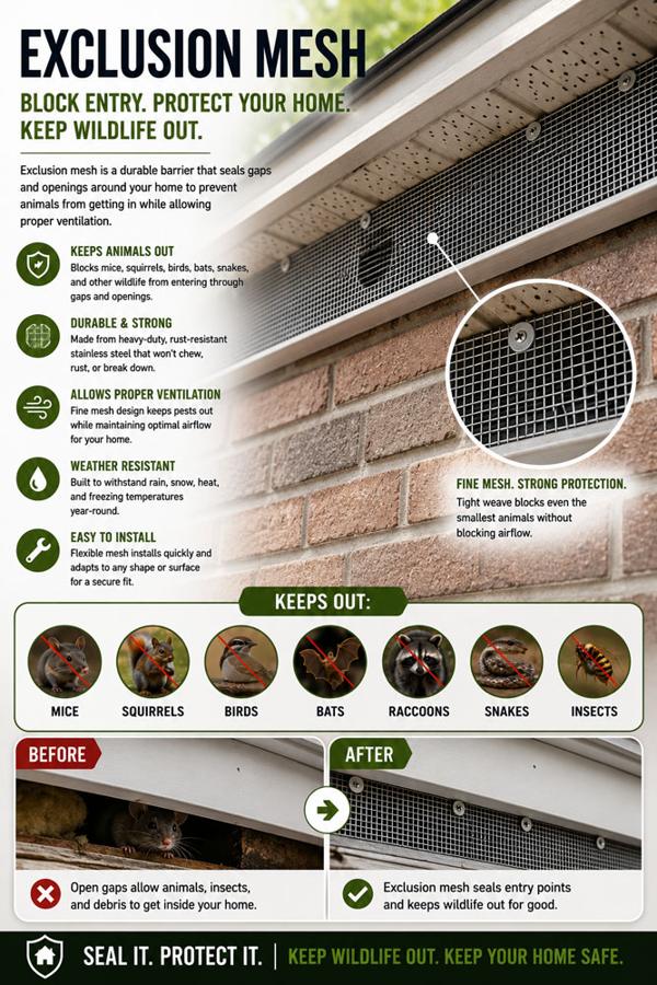 Exclusion mesh infographic: durable barrier that seals gaps and openings around the home