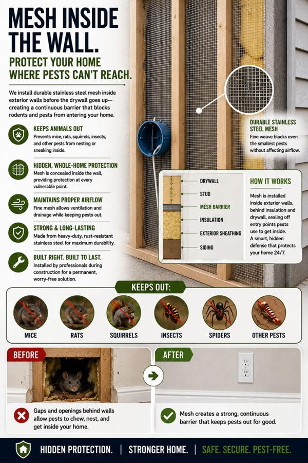 Mesh inside the wall infographic: stainless steel mesh installed behind drywall during construction