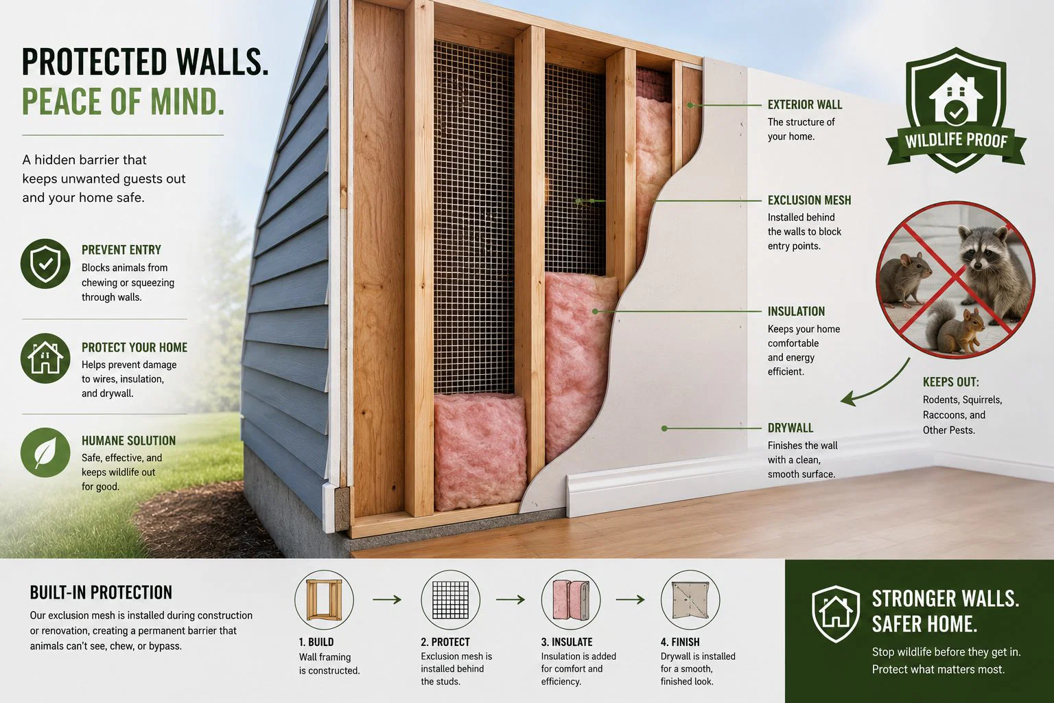 Cutaway diagram of a wildlife-proof wall: exterior siding, wood framing, exclusion mesh installed behind the studs, insulation, and drywall, with the four build steps: build, protect, insulate, finish